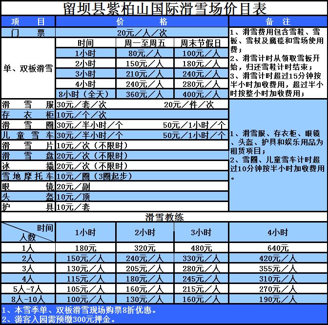 紫柏山国际滑雪场门票价格