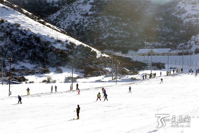 在白云国际滑雪场内，滑雪爱好者们正在初级道上感受冰雪带来的乐趣。