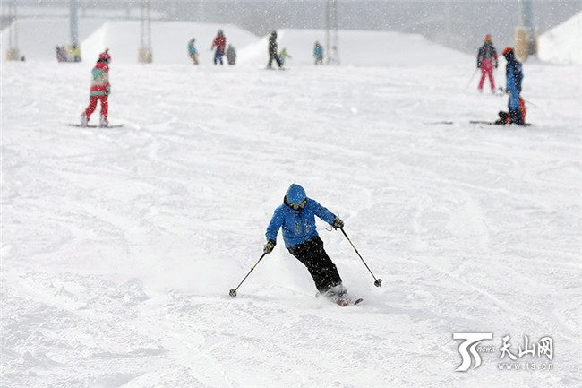 在丝绸之路国际度假区滑雪场内，雪友们驰骋在盼望已久的雪道上。